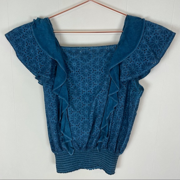 On The Road Blue Acid Wash Eyelet Ruffle Boho Hippie Top - Picture 6 of 8